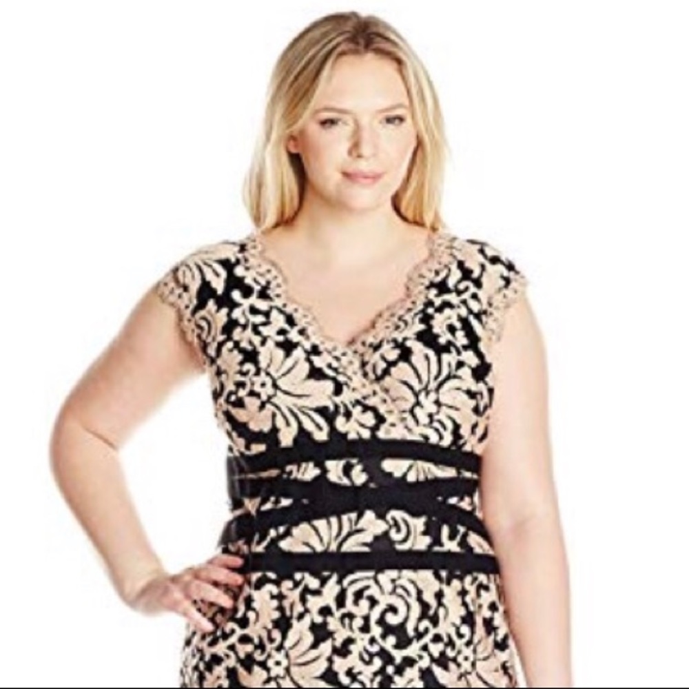 Tadashi Shoji Black and Beige Floral Lace Midi Dress